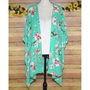 Eleven Oaks Mint Green & Pink Floral Open Front Poncho Cardigan Kimono Ladies M